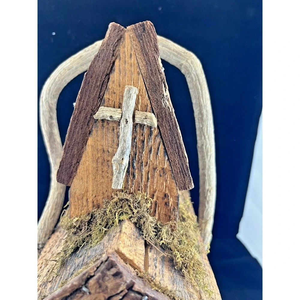 Vintage Rustic Primitive Natural Wood &Decorative Bird House Church Moss‎